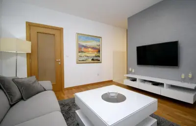 a living room with a couch and a flat screen tv at Comfort Residence Art Zone in Podgorica