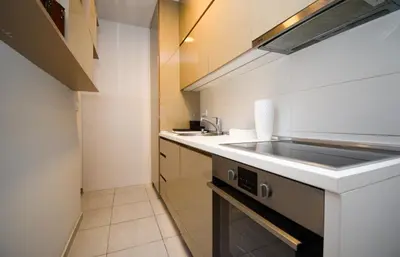 a small kitchen with a sink and a stove at Comfort Residence Art Zone in Podgorica