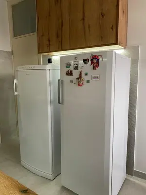 a white refrigerator with magnets and a cabinet above it at Original Sunny place in Podgorica