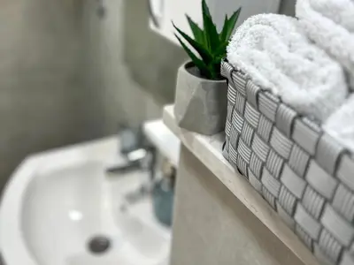 a bathroom with a sink and a plant on a counter at Sea Star in Bar