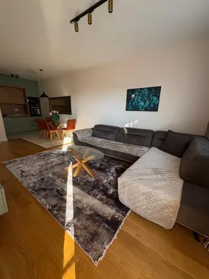 a living room with a couch and a table at Apartments Central Point 11 & Private Garage in Podgorica