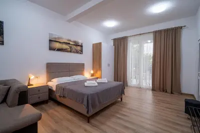 a bedroom with a bed and a couch at Dane Apartment Airport Podgorica in Mitrovići