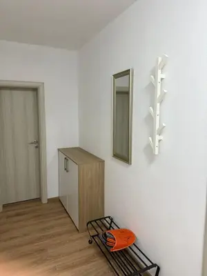a room with a shelf and a mirror on a wall at Dane Apartment Airport Podgorica in Mitrovići