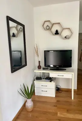 a living room with a tv and a mirror at Sunny apartments in Budva