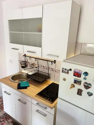 a kitchen with a white refrigerator and a sink at Zinzula apartments in Bar