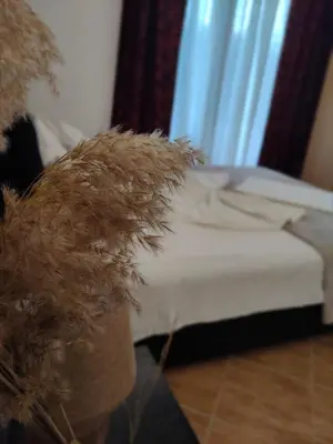 a bed with a teddy bear next to a window at Lula Apartments in Ulcinj
