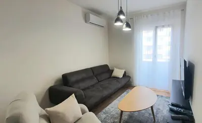a living room with a black couch and a table at Sabina apartment City kvart in Podgorica