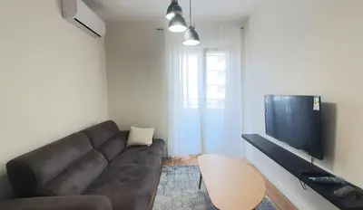 a living room with a brown couch and a flat screen tv at Sabina apartment City kvart in Podgorica