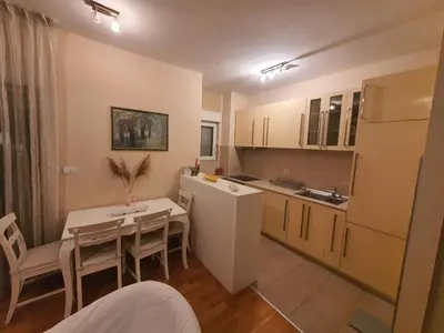 a kitchen and a dining room with a table and a kitchen gmaxwell gmaxwell gmaxwell gmaxwell at Ana apartment City kvart in Podgorica
