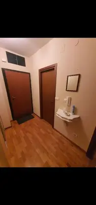 an empty room with two doors and a wooden floor at Ana apartment City kvart in Podgorica