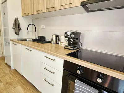 a kitchen with a sink and a stove top oven at Blanc 1664 in Podgorica