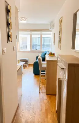 a room with a kitchen and a living room at Four Views By The Sea Apartments in Budva
