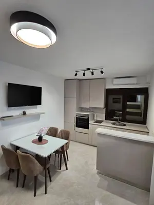 a kitchen with a table and chairs in a kitchen at Kristina lux apartment in Bar