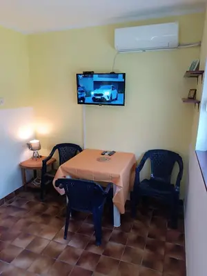 a room with a table and chairs and a tv on the wall at Mira i Ola Apartman in Budva