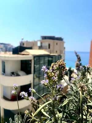 a bunch of purple flowers in front of a building at Lavender Apartment - Close to the Beach - Private Garage Parking in Dobra Voda