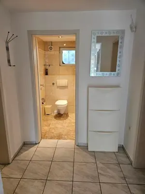 a bathroom with a toilet and a mirror at Villa Amela Dubrava in Bar