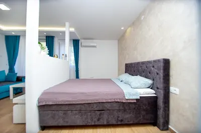 a bedroom with a large bed in a room at Newly refurnished apartment with large garden in Budva