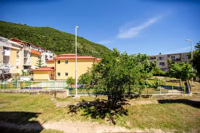 a tree in the middle of a yard with buildings at Newly refurnished apartment with large garden in Budva