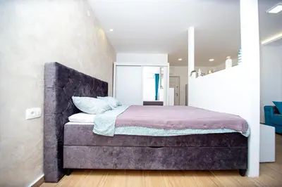 a bedroom with a large bed in a room at Newly refurnished apartment with large garden in Budva