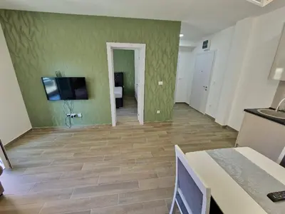 a living room with green walls and wooden floors at MilLaz Apartman in Becici