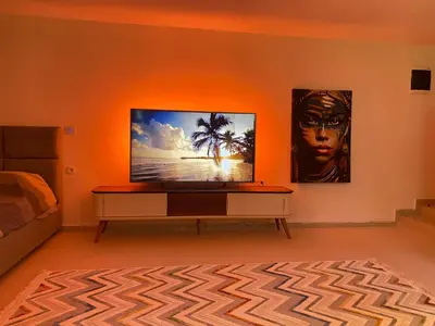 a living room with a flat screen tv on a table at Podgorica 23 in Podgorica