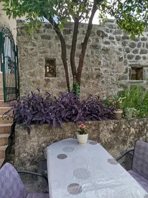 a table with purple flowers on a stone wall at APARTMAN Biser in Kotor