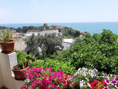 a view of flowers on a balcony with the ocean at Vesna Apartments in Ulcinj