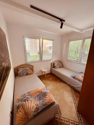 a bedroom with two beds and two windows at Garden Apartments Budva in Boreti