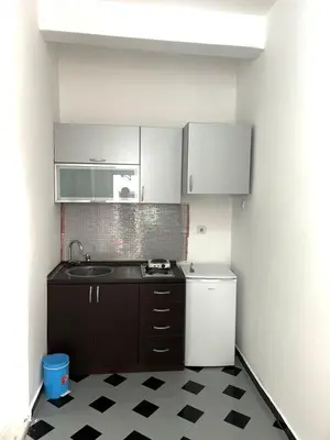 a small kitchen with a sink and a refrigerator at Centrum Apartman & Rooms in Ulcinj