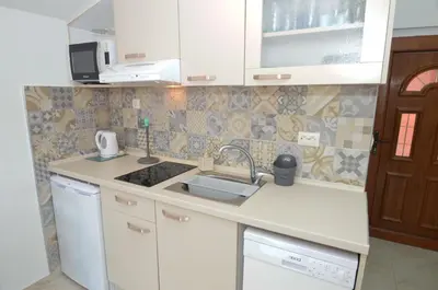 a small kitchen with a sink and a stove at Apartments Dada in Kotor