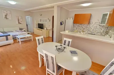 a kitchen and living room with a white table and chairs at Apartments Dada in Kotor