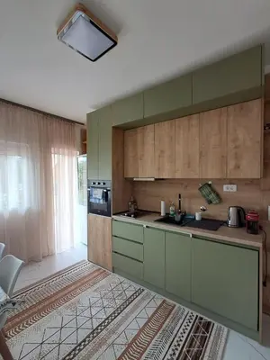 a kitchen with green cabinets and a sink at HOME POINT Apartment in Podgorica
