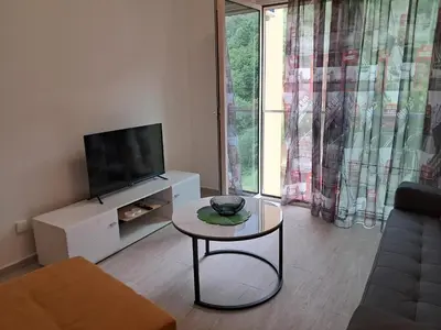 a living room with a coffee table and a television at VLSB Bečići in Becici