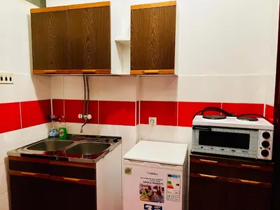 a small kitchen with a sink and a microwave at City Center Cozy Studio in Podgorica