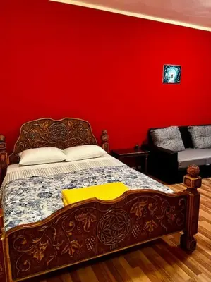 a bedroom with a bed with a red wall at City Center Cozy Studio in Podgorica
