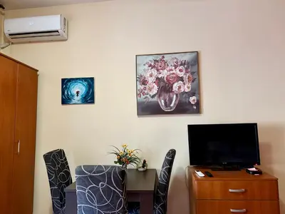 a living room with a tv and a table and chairs at City Center Cozy Studio in Podgorica