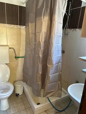 a bathroom with a toilet and a shower curtain at Velicanka hostel in Ulcinj