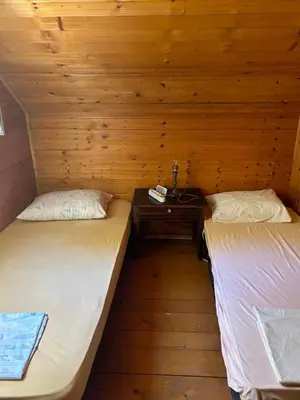 two beds in a room with a wooden wall at Velicanka hostel in Ulcinj