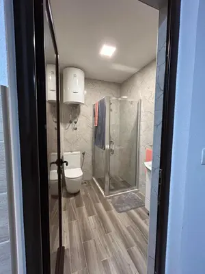 a bathroom with a shower and a toilet and a sink at NNL Apartments in Sutomore