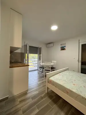 a bedroom with a bed and a kitchen and a table at NNL Apartments in Sutomore