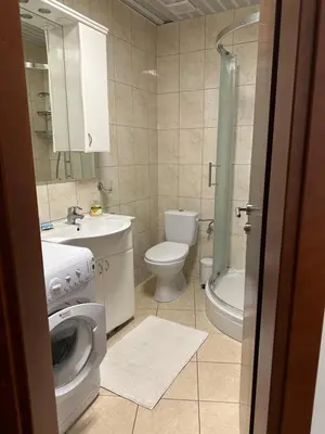 a bathroom with a toilet sink and a washing machine at Light Bar Apartment in Bar