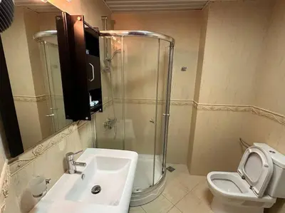 a bathroom with a shower and a sink and a toilet at Sasha's apartment in Bar