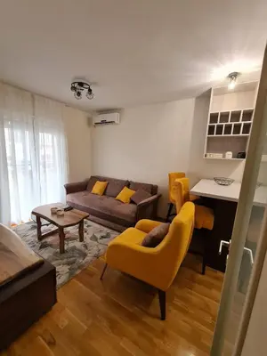 a living room with a couch and a table at Mara's cozy apartment in Podgorica