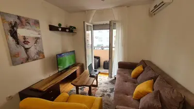 a living room with a couch and a television at Mara's cozy apartment in Podgorica