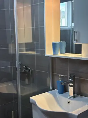 a bathroom with a sink and a mirror and a shower at Kolibri Apartment in Dobra Voda