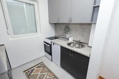 a small kitchen with a sink and a window at Elegant Escape Podgorica in Podgorica