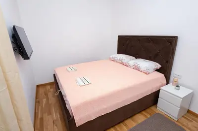 a small bedroom with a bed with pink sheets and pillows at Elegant Escape Podgorica in Podgorica