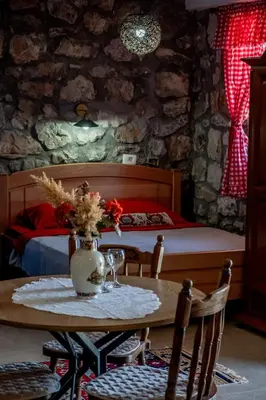 a bedroom with a bed and a table and a bed at Stara Kruska in Podgorica
