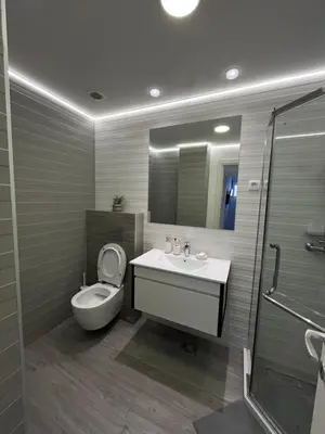 a bathroom with a toilet and a sink and a shower at One bedroom apartments Budva in Budva