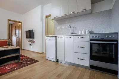 a kitchen with white cabinets and a black oven at Oasis of Peace Meterizi in Cetinje